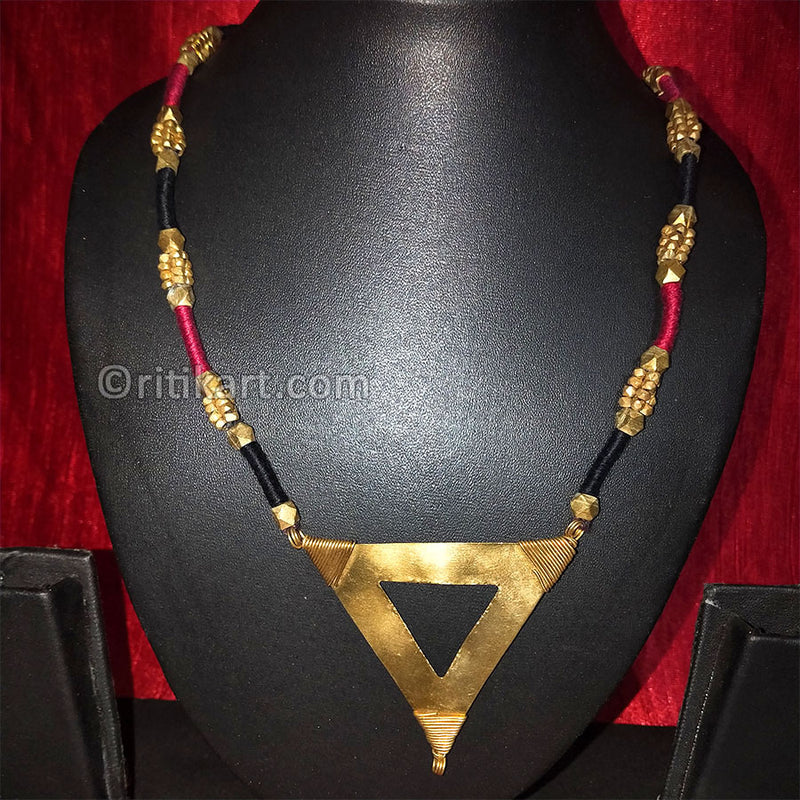 Tribal Necklace with Triangle Shaped Dhokra in Red & Black Thread