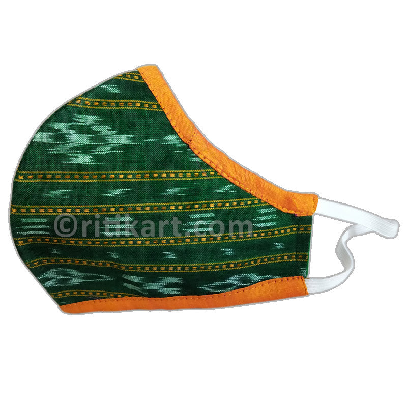 Sambalpuri Handloom Triple Layer Mask-Green with Orange Border