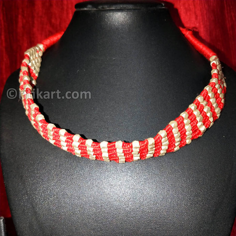 Tribal Necklace with Brass Embedded Beads Red Color