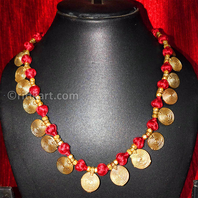 Tribal Necklace with Spiral Ring embedded in Red Thread