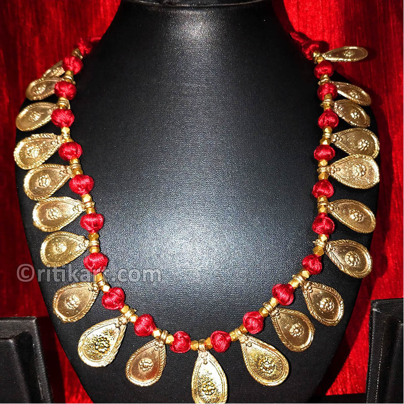 Tribal Necklace Golden Leaf with Red Thread