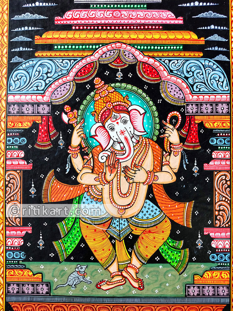 Lord Ganesh Dancing Posture Canvas Pattachitra_1
