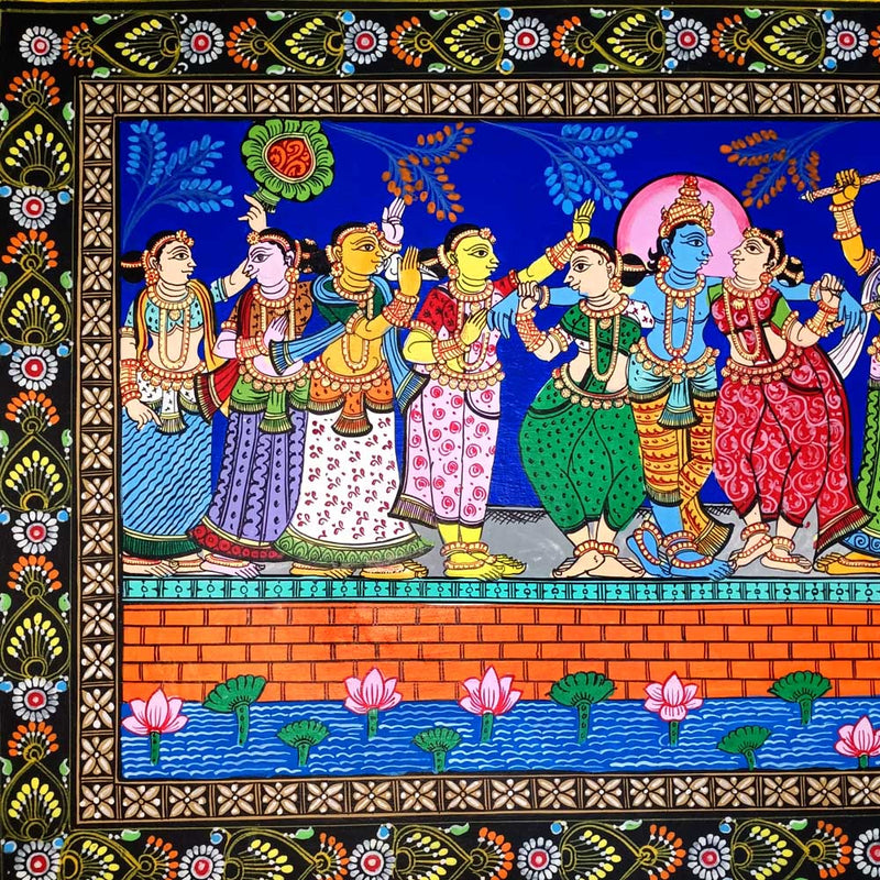 Lord Krishna Dance with Gopis Canvas Pattachitra Painting-pc3