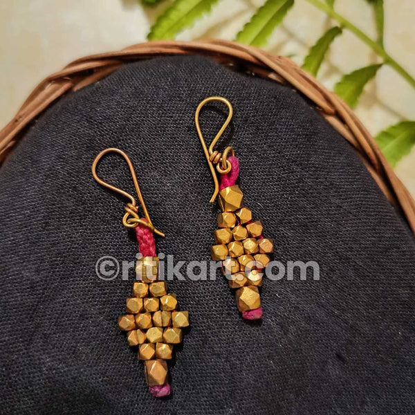 Ancient Tribal Earrings with Brass Beads Red Threadwork