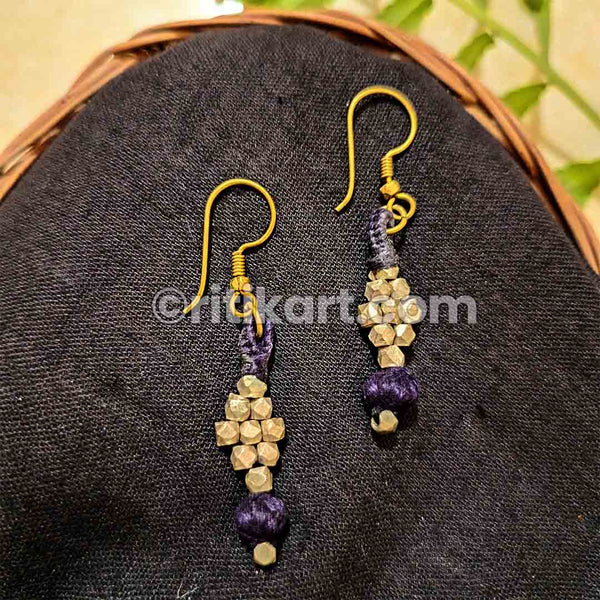 Tribal Earrings with Purple Threadwork on the Brass Beads