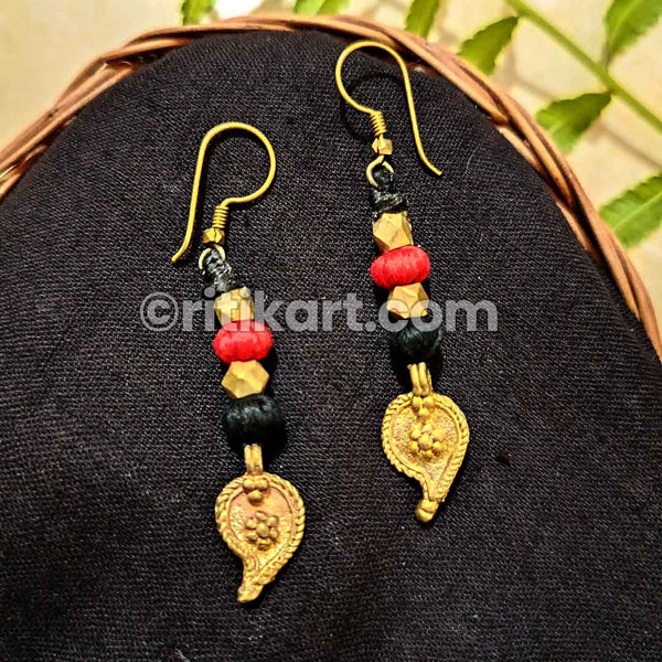 Golden Leaf Brass Beads with Black & Red Threadwork Earrings