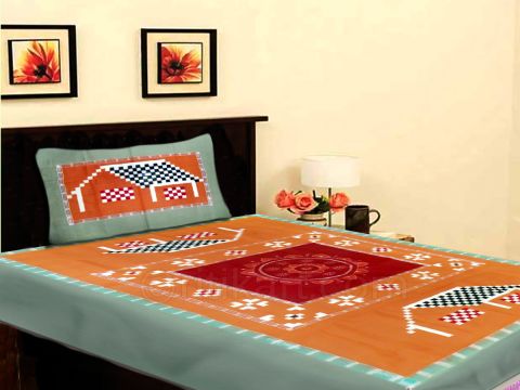 Sambalpuri Green and Orange TraditionalSingle Bed Cover with Pillow Cover