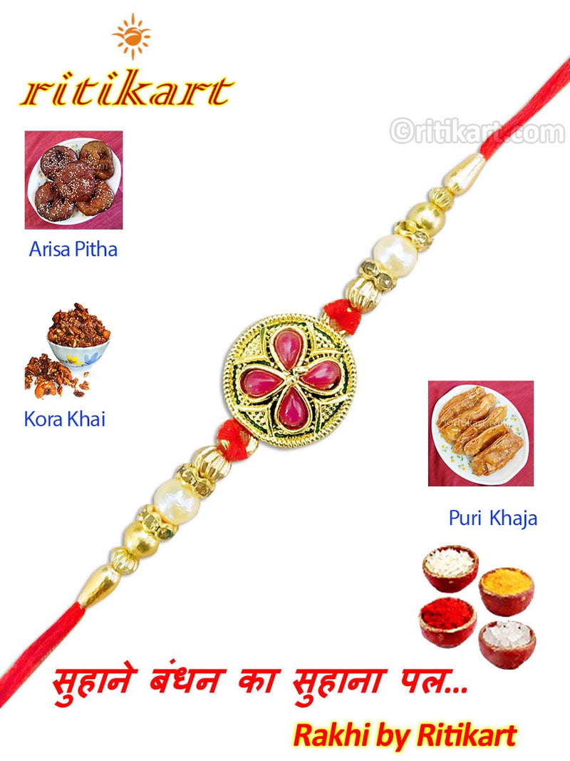 Red Stone Flower Design Fancy Rakhi