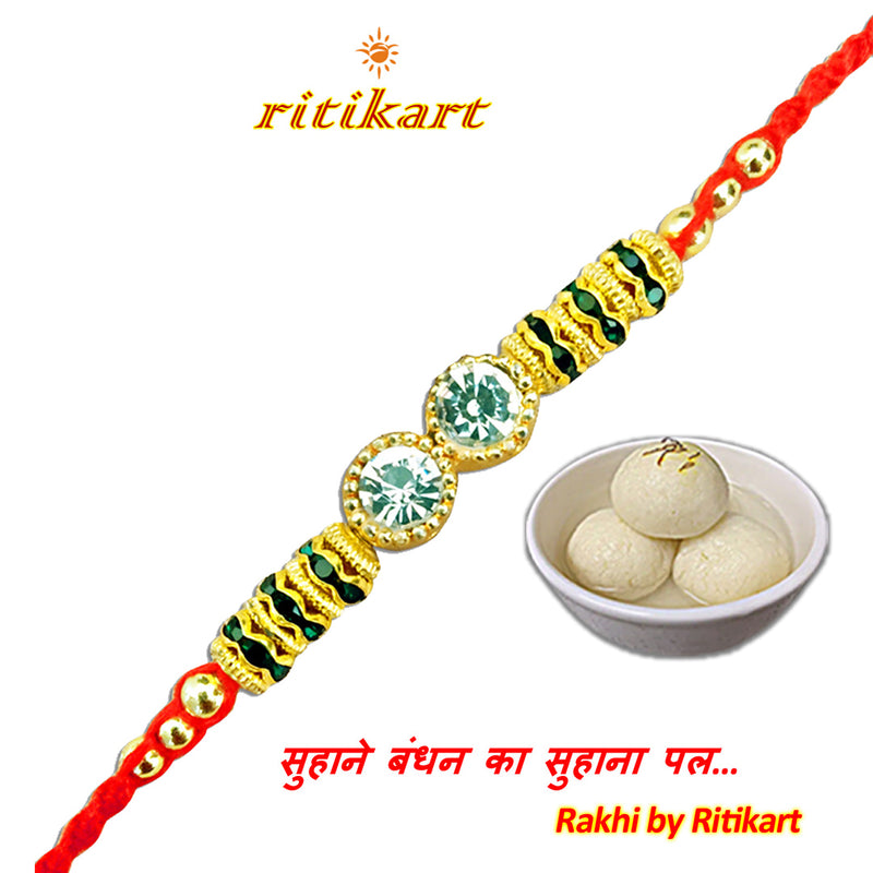 Designer Crystal with Golden and Green Beads Rakhi
