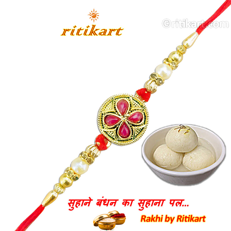 Red Stone Flower Design Fancy Rakhi