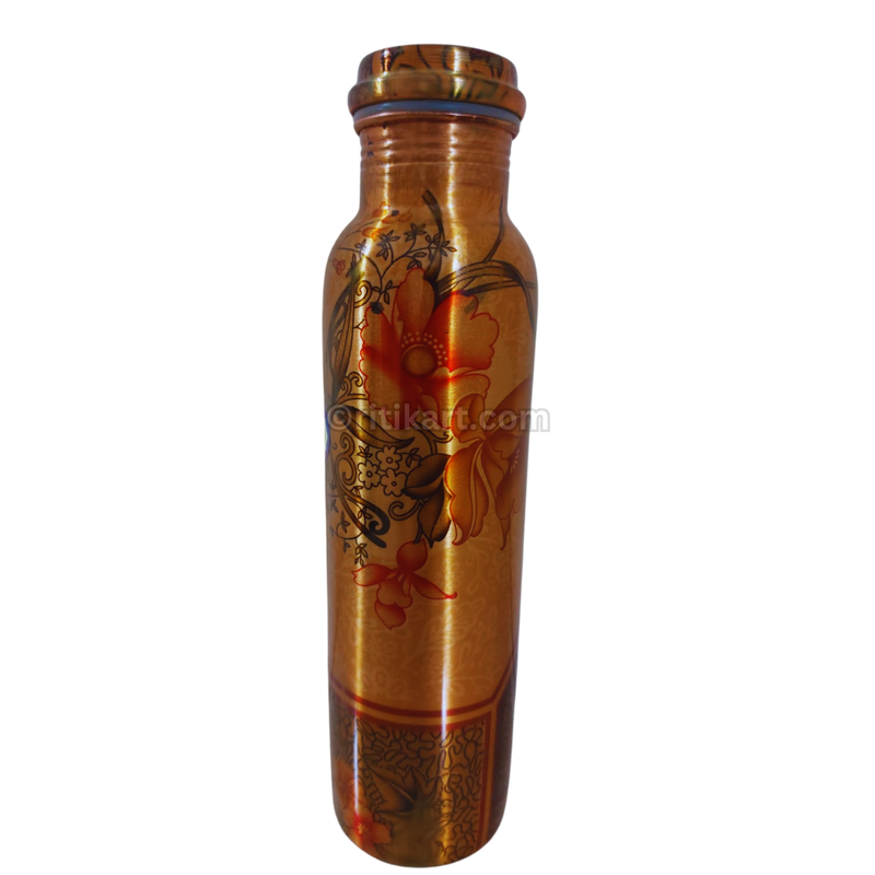 Pure Copper Printed Water Bottle with Metallic Floral Design