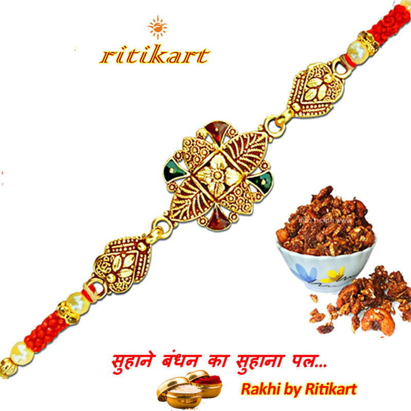 Royal Green and Red Stone Golden Metal Rakhi