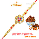 Golden Flower with Blue Stone Designer Rakhi