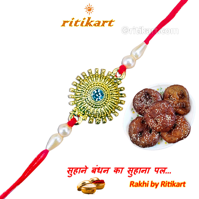 Designer Golden Flower with White Stone Rakhi
