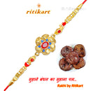 Golden Flower with Blue Stone Designer Rakhi
