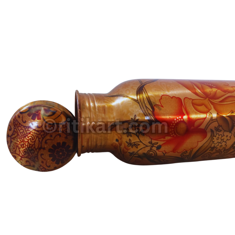 Pure Copper Printed Water Bottle with Metallic Floral Design