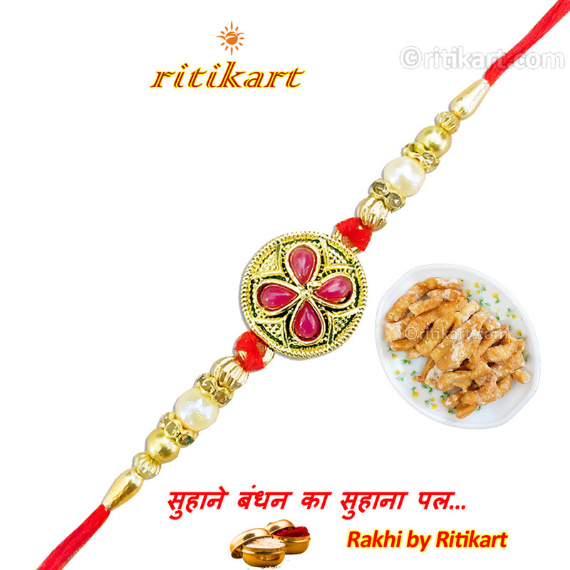 Red Stone Flower Design Fancy Rakhi