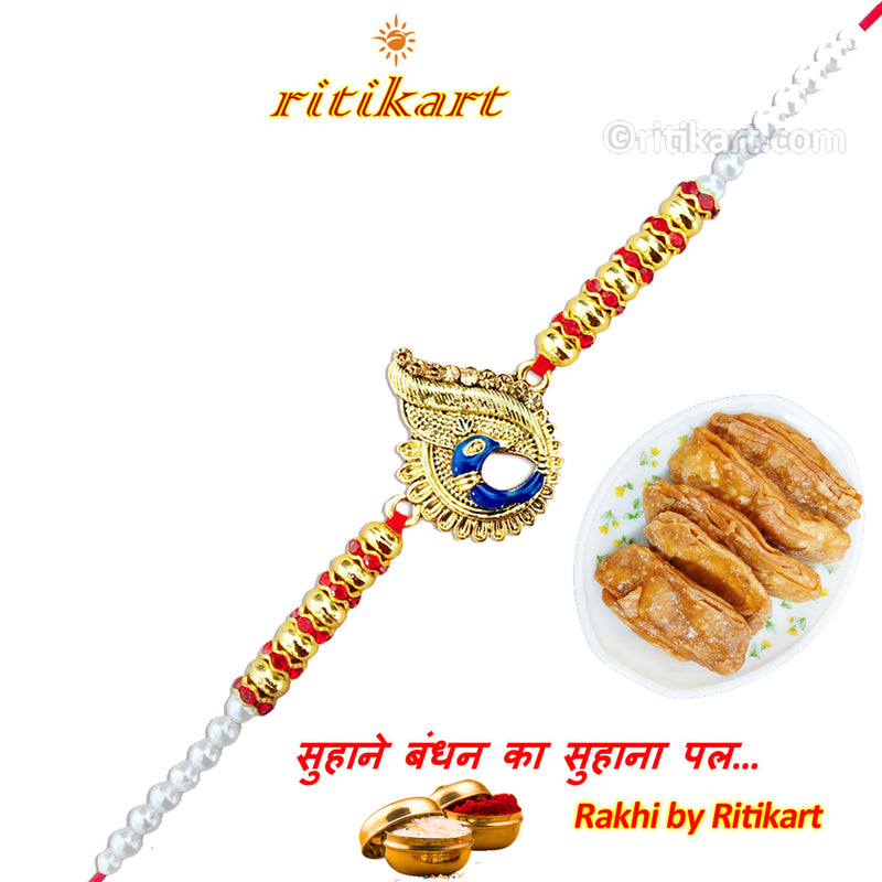 Golden Royal Peacock with Multi Color Beads Rakhi