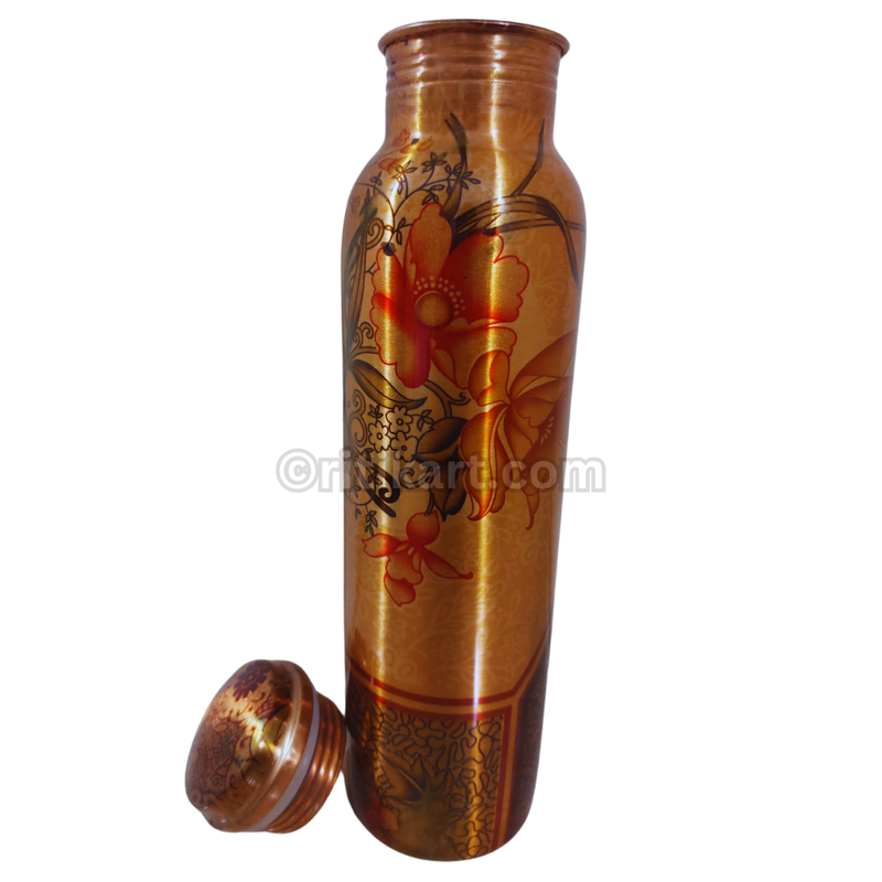 Pure Copper Printed Water Bottle with Metallic Floral Design