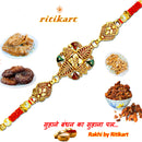 Royal Green and Red Stone Golden Metal Rakhi