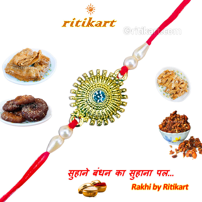 Designer Golden Flower with White Stone Rakhi