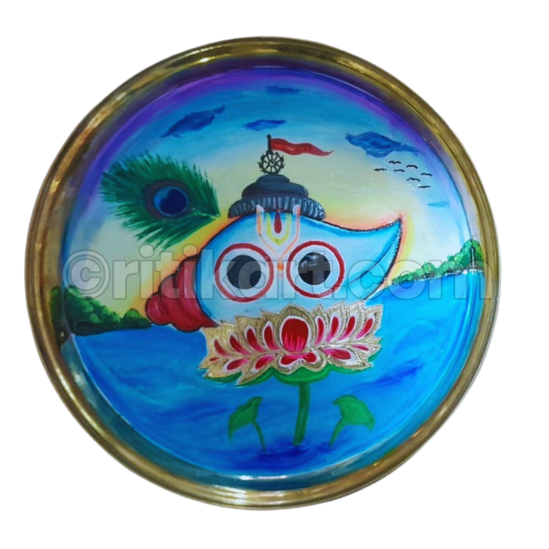 Hand-Painted Decorative Brass Wall Hanging Plate With Sankha & Padma