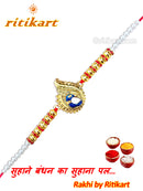 Golden Royal Peacock with Multi Color Beads Rakhi