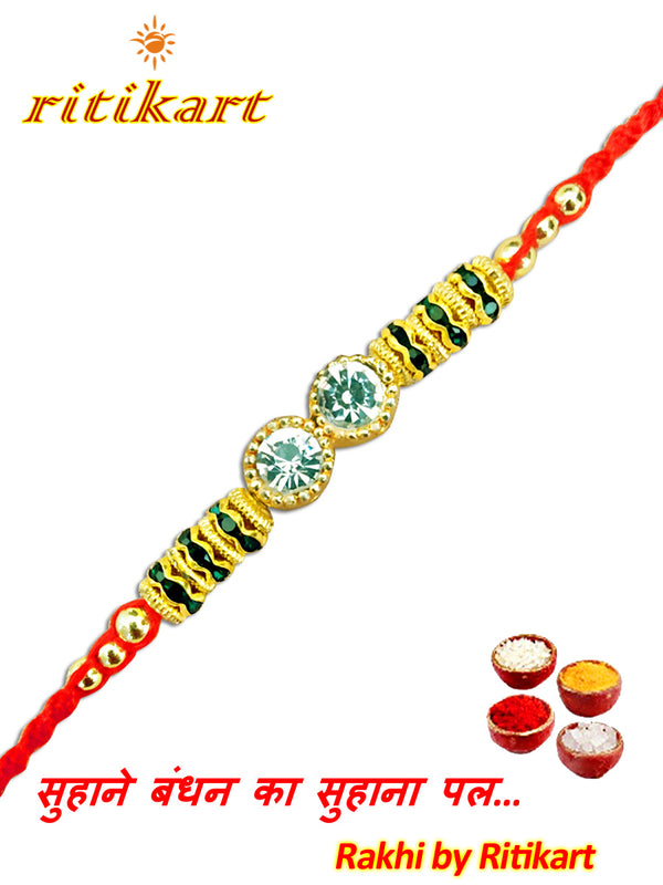 Designer Crystal with Golden and Green Beads Rakhi