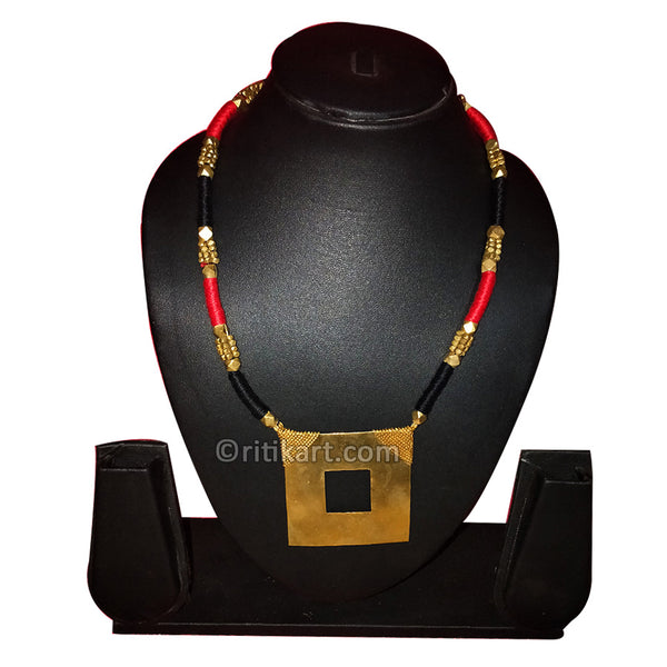 Tribal Dhokra Square Size Necklace with Red and Black Thread
