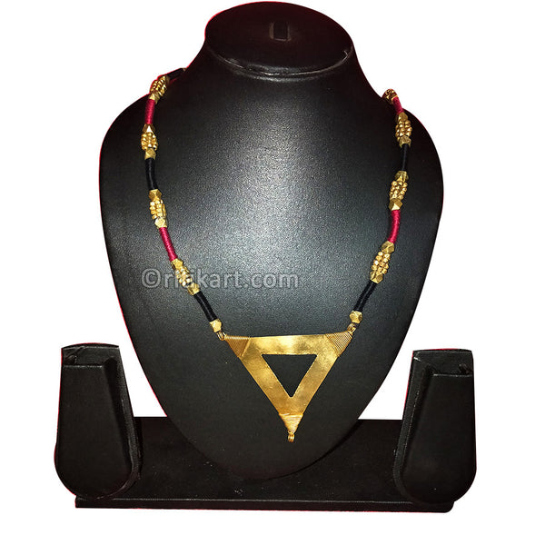 Tribal Necklace with Triangle Shaped Dhokra in Red & Black Thread