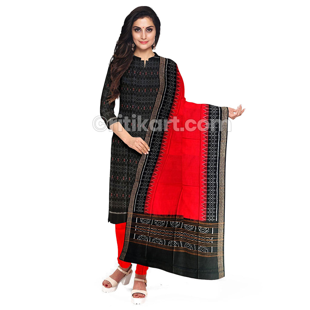 Ikat and sambalpuri boat neck red black handloom kurti - Trenditional -  2660736
