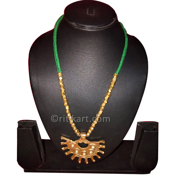 Tribal Necklace with Brass Beads Embedded in Green Thread