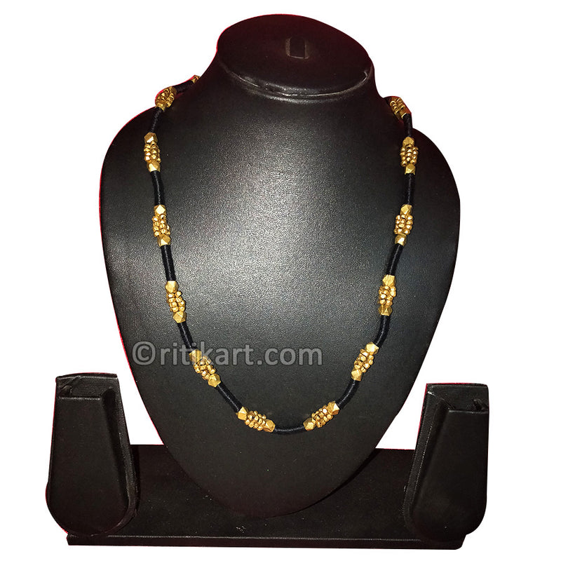 Tribal Necklace with Brass Beads Embedded in Black Thread