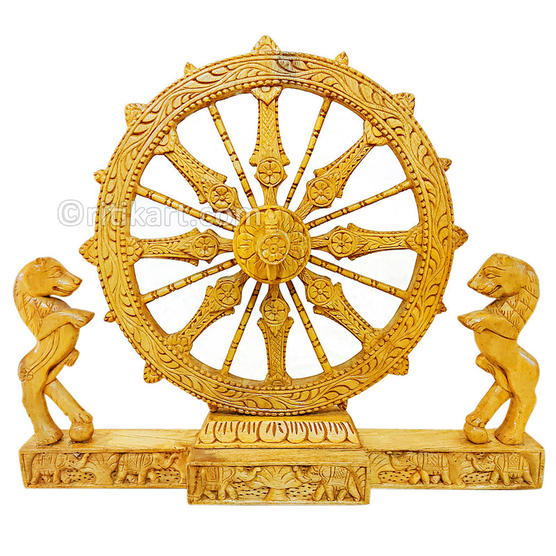 Wood Carving Konark Wheel with both side Lion Showpiece
