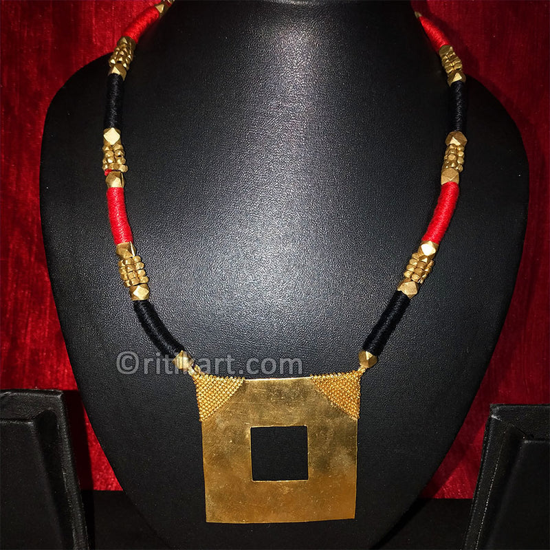 Tribal Dhokra Square Size Necklace with Red and Black Thread