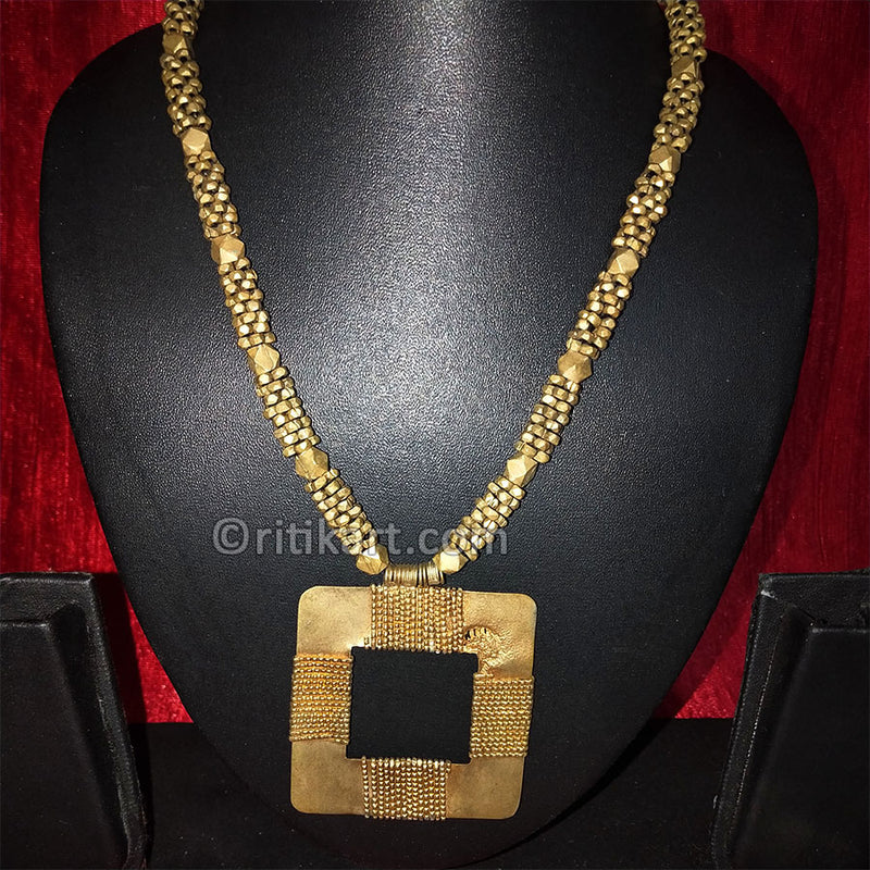 Tribal Dhokra Necklace with Big Brass Square