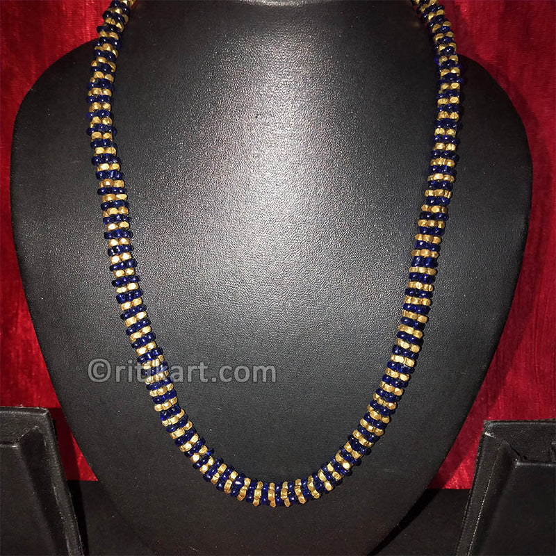 Ancient Tribal Necklace with Blue and Golden Brass Beads