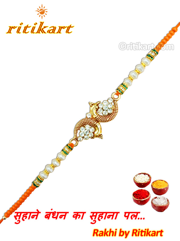 Fancy Golden Peacock with Stone Designer Rakhi