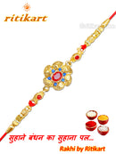 Golden Flower with Blue Stone Designer Rakhi