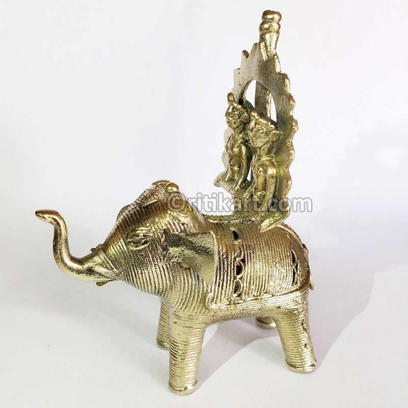 Dhokra Art King and Queen sitting on Elephant Showpiece