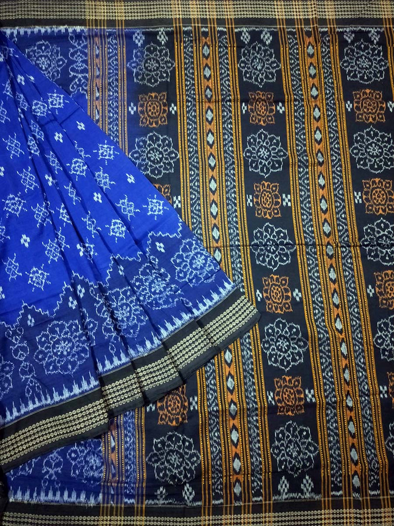 Sambalpuri Cotton Saree In Blue Colour Body and Black Anchal With Flower Design