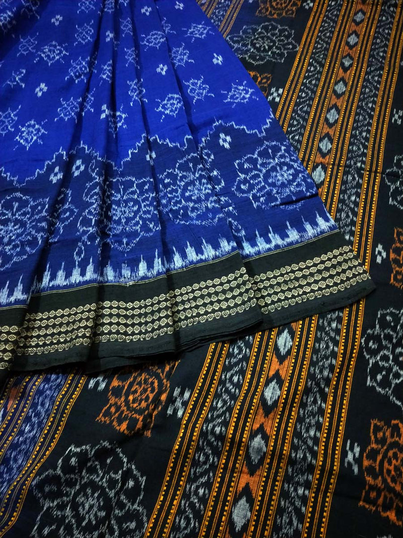 Sambalpuri Cotton Saree In Blue Colour Body and Black Anchal With Flower Design-pic2