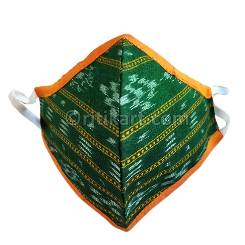 Sambalpuri Handloom Triple Layer Mask-Green with Orange Border