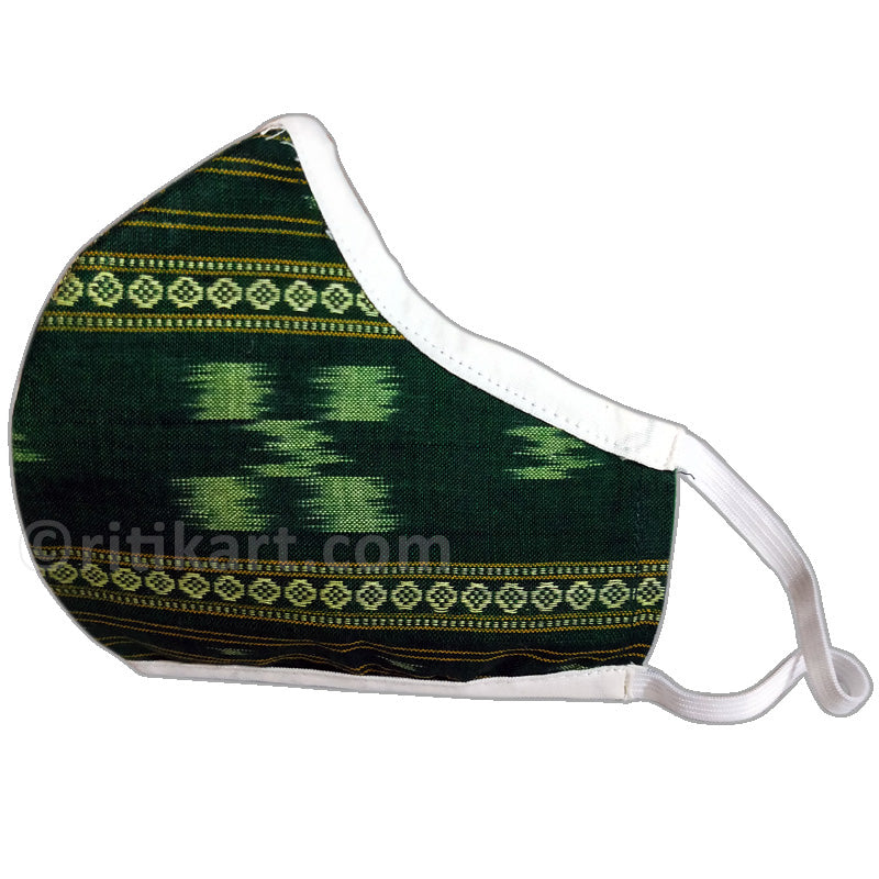 Sambalpuri Handloom Triple Layer Mask-Green with White Border