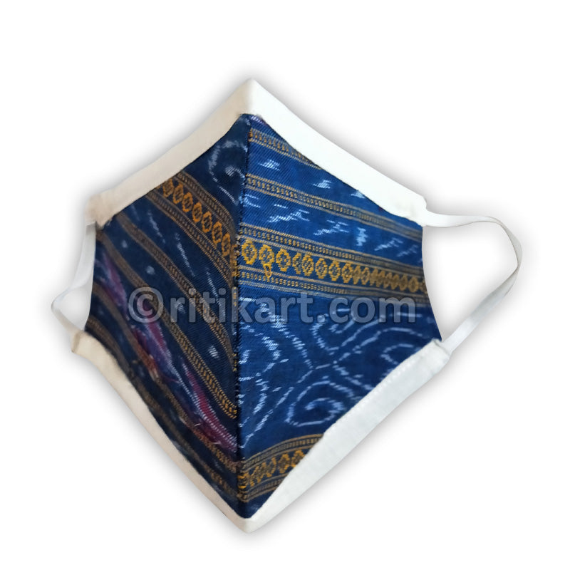 Sambalpuri Handloom Triple Layer Mask-Blue with White Border