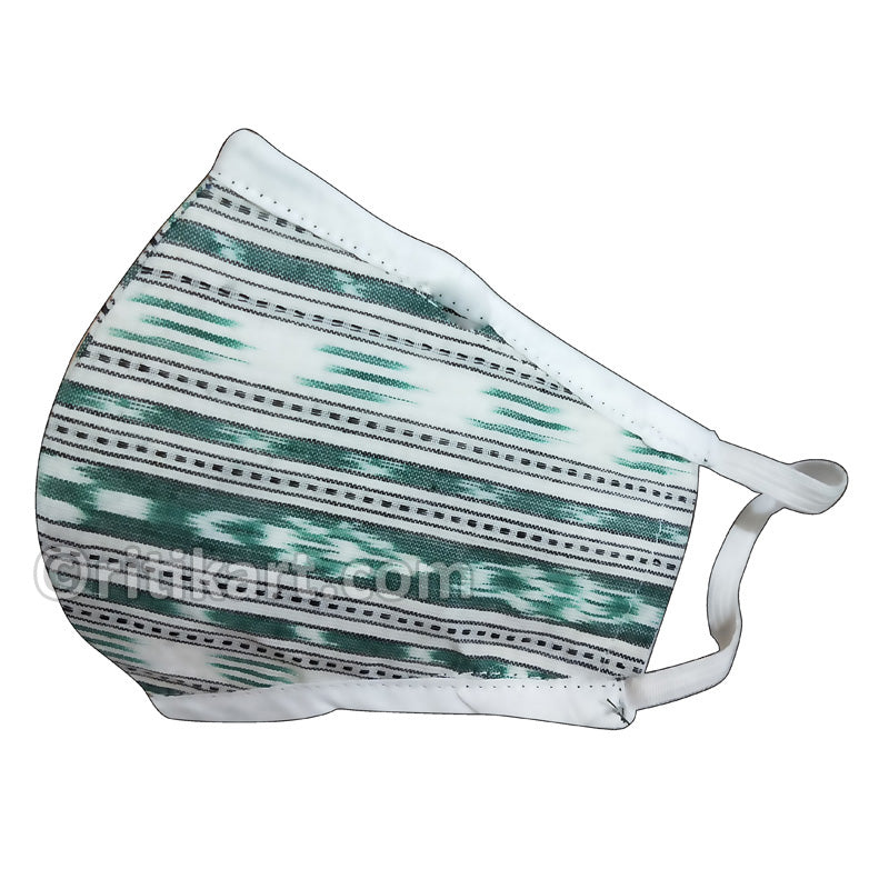 Sambalpuri Handloom Triple Layer Mask- White with Green