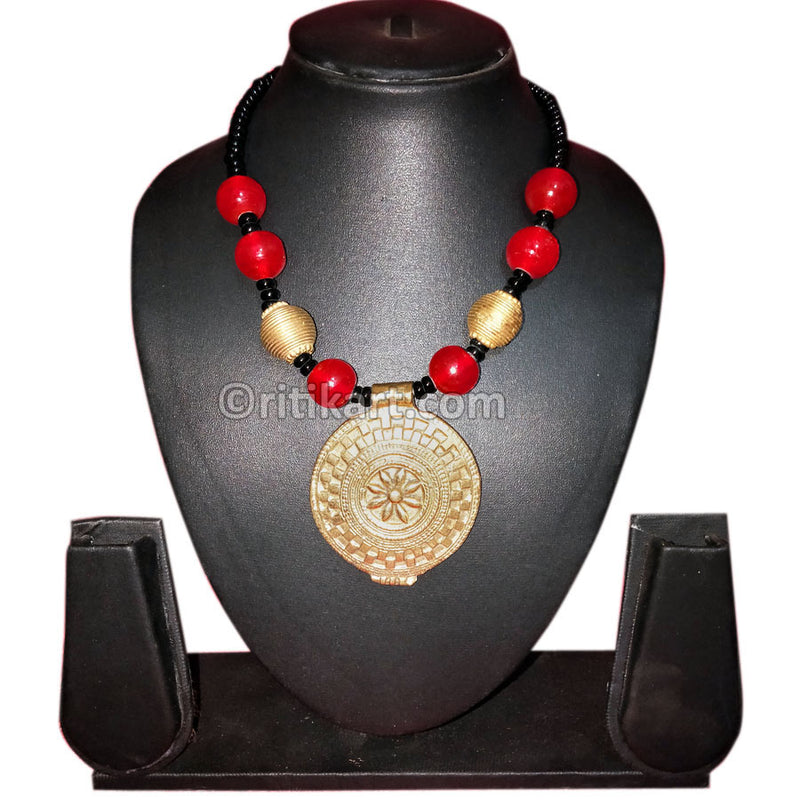 Tribal Necklace Golden Shield with Red and Golden Beads