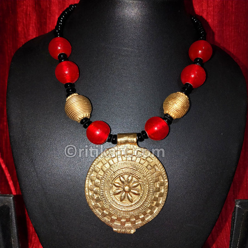 Tribal Necklace Golden Shield with Red and Golden Beads