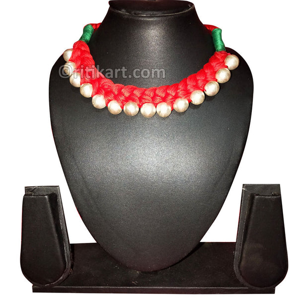 Tribal Necklace Red Thread with White Metal Balls