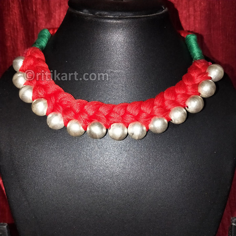 Tribal Necklace Red Thread with White Metal Balls